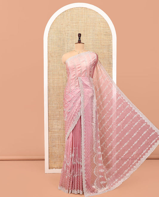 Pink Designer Saree, Meticulously Crafted with Stone Work All Over Its Body, Scallop Embroidered Border, Intricately Embroidered Pallu, and Paired with a Matching Blouse