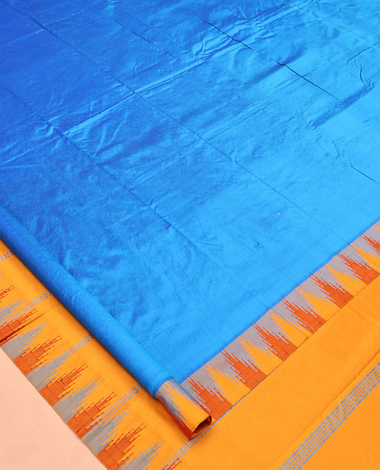 Blue Plain Bangalore Silk Saree, Complemented by a Contrast Temple Border, Pallu of Stripes, and a Contrast Blouse
