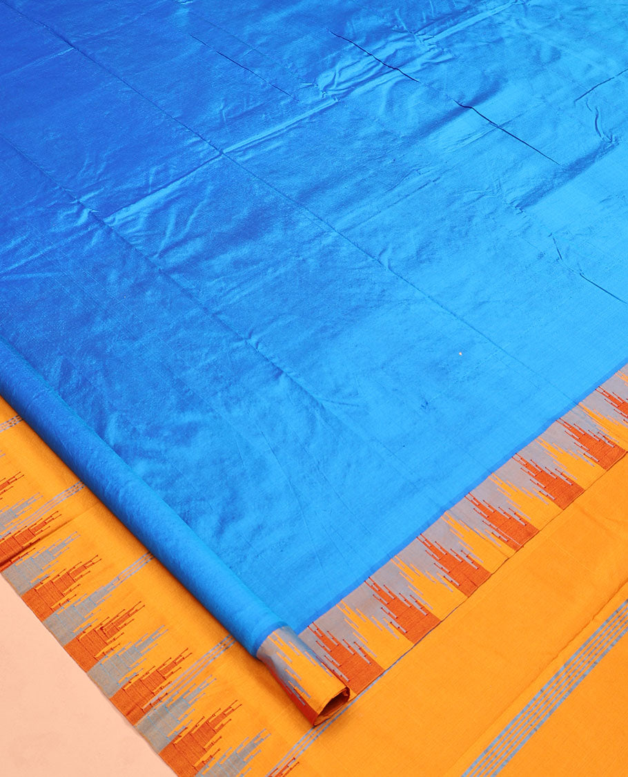 Blue Plain Bangalore Silk Saree, Complemented by a Contrast Temple Border, Pallu of Stripes, and a Contrast Blouse