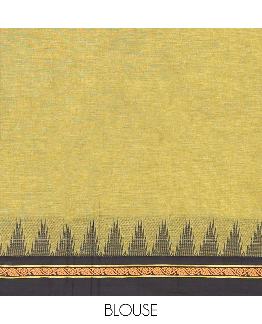 Green Plain Chettinad Cotton Saree, Complemented by a Contrast Temple Traditional Zari Border, Striped Pallu, and a Matching Blouse