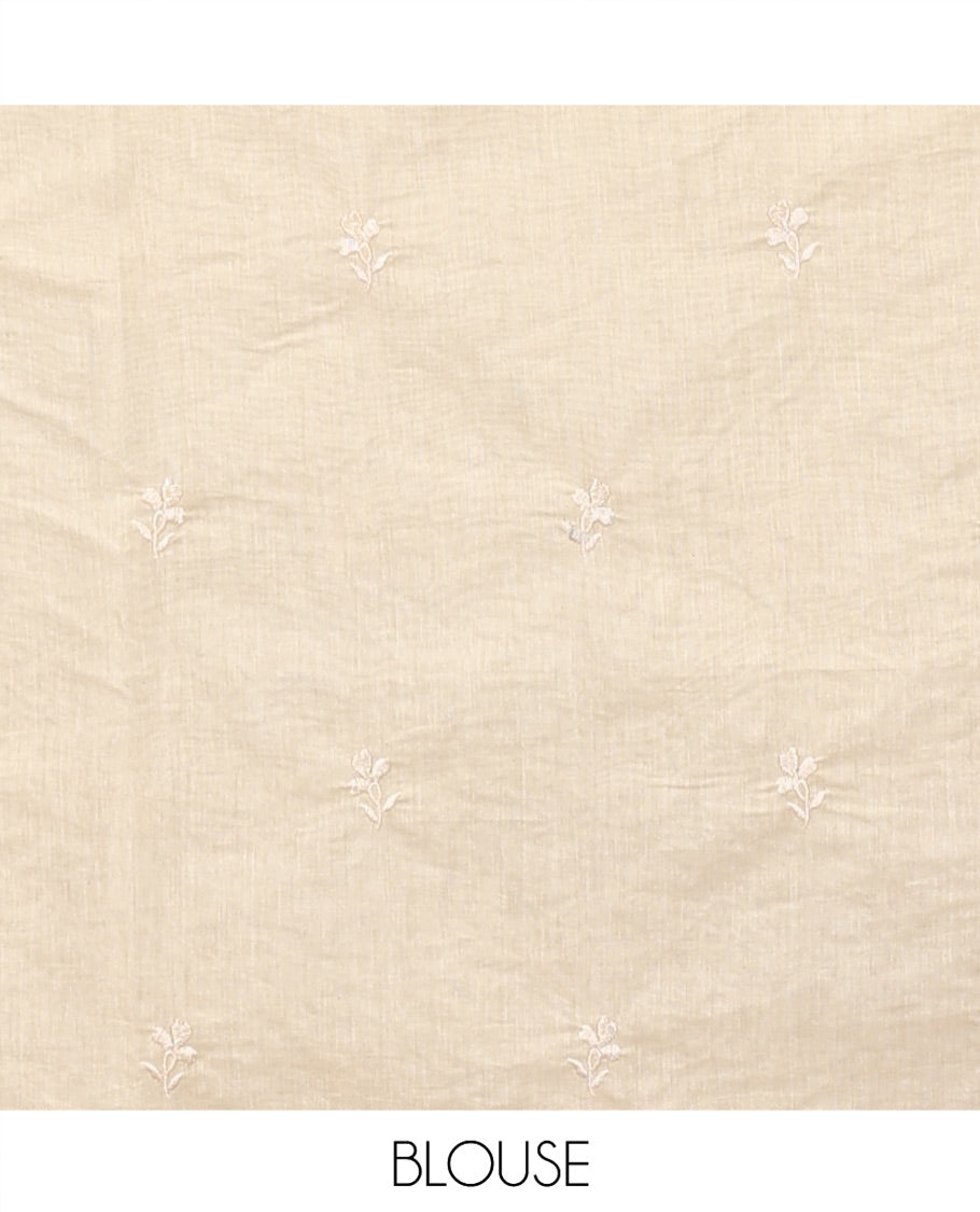 Beige Organza Saree, Finely Crafted with Floral Jaal Applique Embroidery All Over Its Body, Scallop Lace Border, Floral Embroidered Pallu, and Paired With a Embroidered Blouse