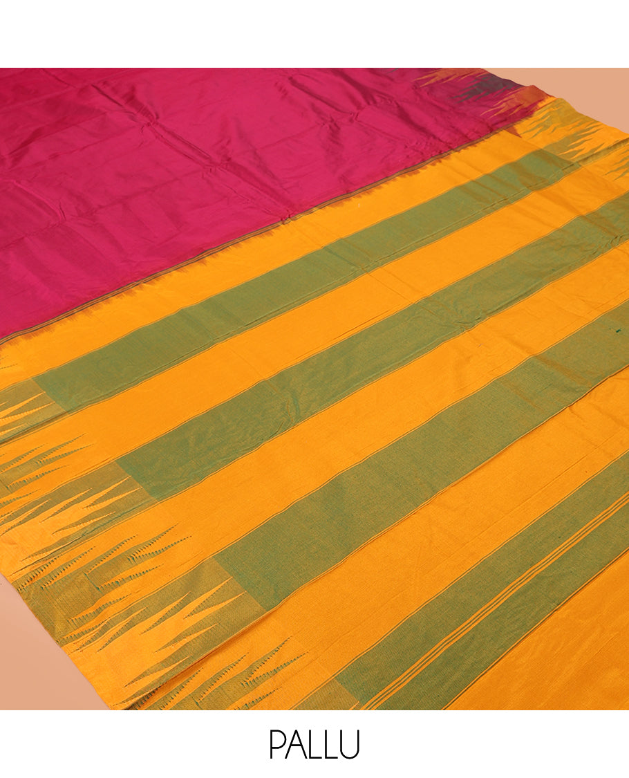 Pink Plain Bangalore Silk Saree, Complemented by a Contrast Temple Border, Striped Pallu, and a Contrast Blouse