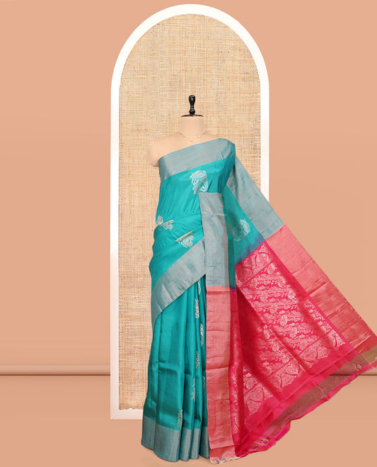 Blue Semi Uppada Saree, Decorated with Zari Buttas, a Bavanji Border, Contrast Floral Pallu, and a Contrast Blouse