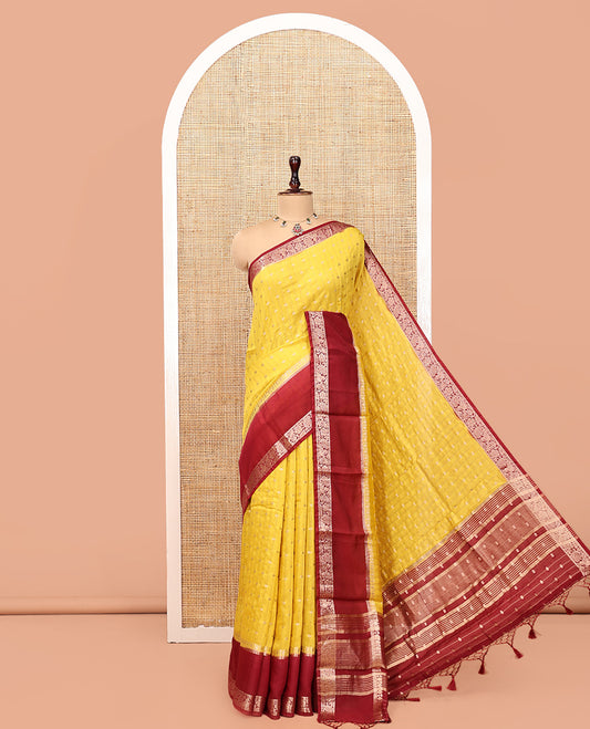 Yellow Assam Silk Saree, Finely Crafted with Zari Buttas, Complemented by Contrast Floral Creeper Zari Border, Striped Pallu, and Contrast Blouse