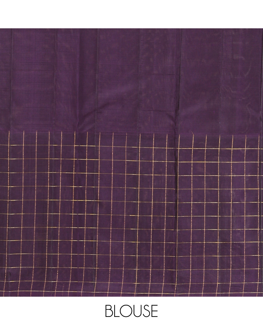Yellow Kasa-Kasa Checked Kanchipuram Silk Saree, Complemented by a Contrast Ganga-Jamuna Border, Zari Striped Pallu, and a Contrast Blouse