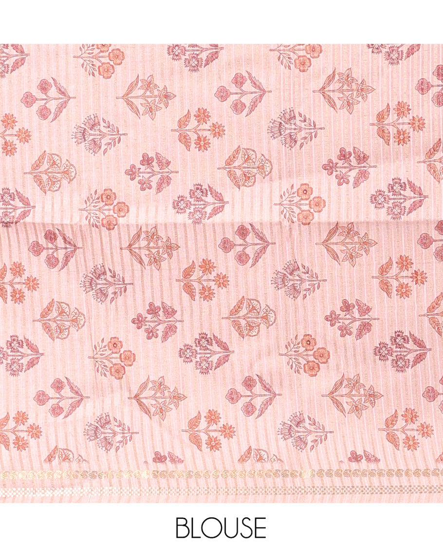 Chikku-Peach Fancy Tussar Silk With Stripes, Zari Border, Pallu, and Blouse