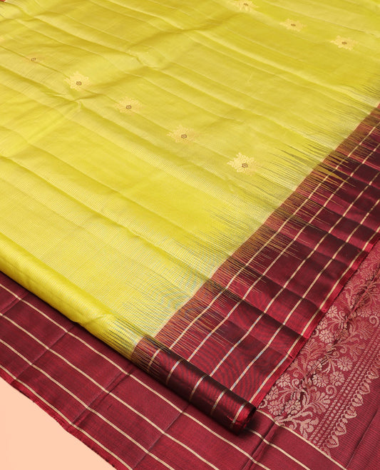 Yellow Kanchipuram Silk Saree, Sparsely Woven with Buttas and Stripes, Contrast Zari Striped Border, Pallu of Intricate Design, and a Contrast Blouse