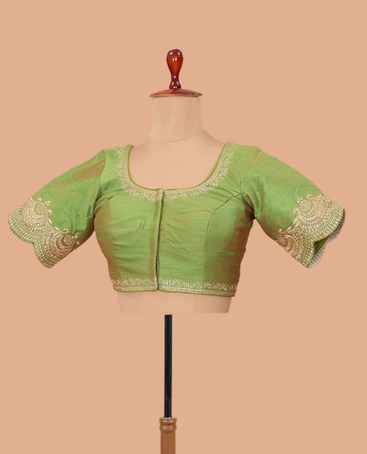 Parrot green embroidered front-back round neck elbow sleeve blouse