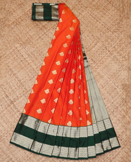 Orange Budget Silk Saree Bedecked with Peacock Zari Buttas, Highlighted with a Contrast Traditional Zari Design Rettai Pettu Border, Featuring a Sparsely Textured Pallu, and Paired with a Contrast Blouse