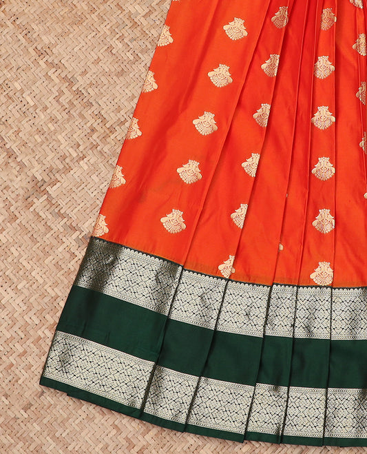 Orange Budget Silk Saree Bedecked with Peacock Zari Buttas, Highlighted with a Contrast Traditional Zari Design Rettai Pettu Border, Featuring a Sparsely Textured Pallu, and Paired with a Contrast Blouse