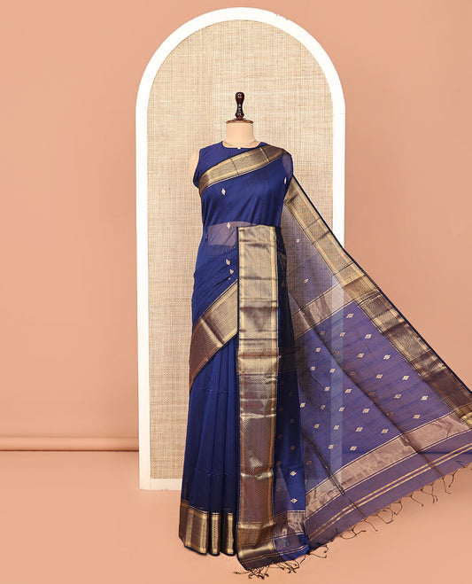 Blue Maheshwari Cotton Saree, Beautified with Zari Buttas on Its Body, Highlighted by Zari Border of Chevron Designs, Pallu Steeped with Zari Buttas, and Paired with a Matching Blouse