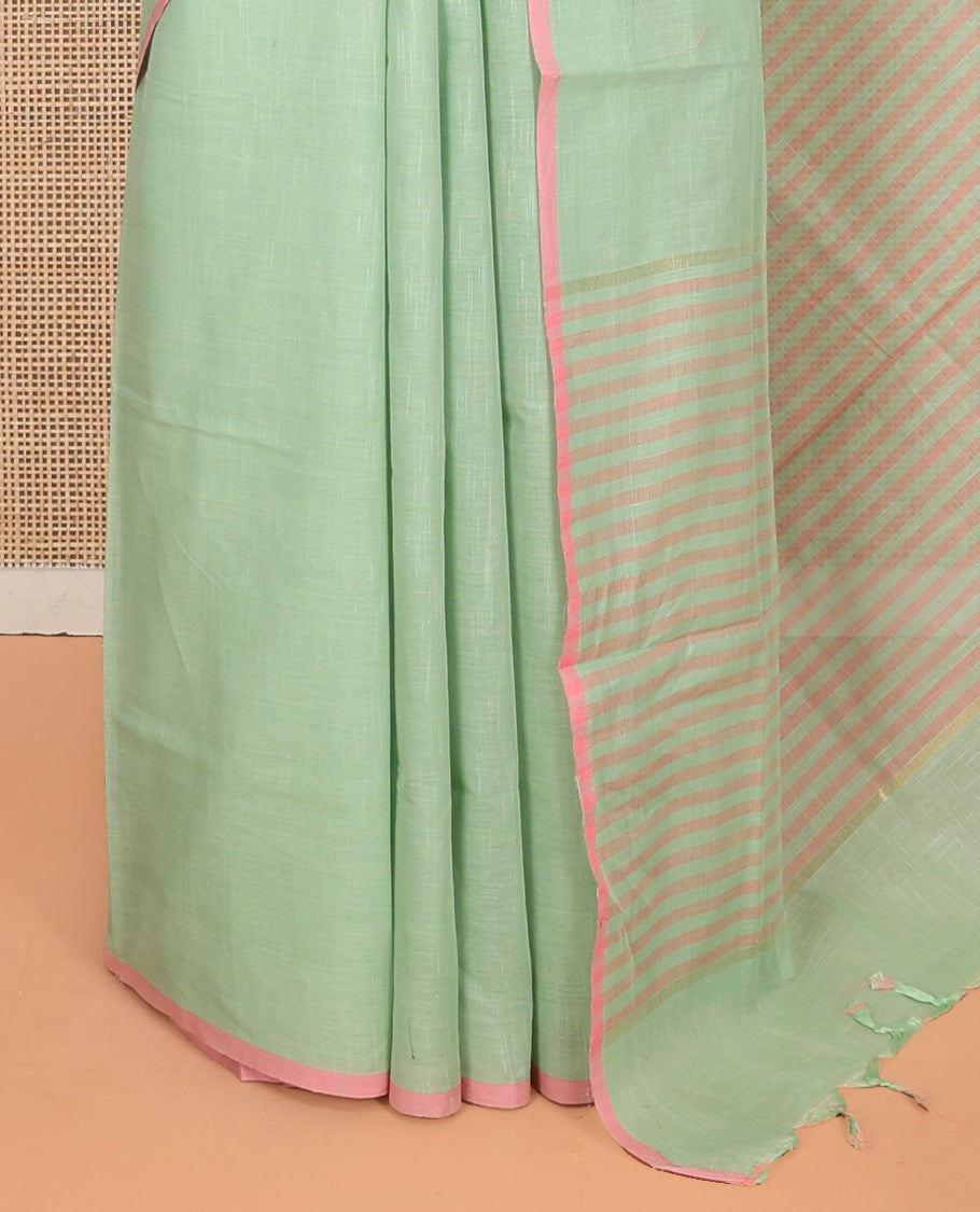 Pale Green Geometric Printed Andhra Cotton Saree, a Contrast Piping Border, Striped Pallu, and a Contrast Blouse