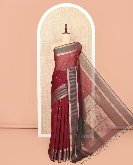 Maroon Silk Cotton Saree, Woven with Zari Buttas, Complemented by a Contrast Checked Border, Intricately Designed Pallu, and a Contrast Blouse