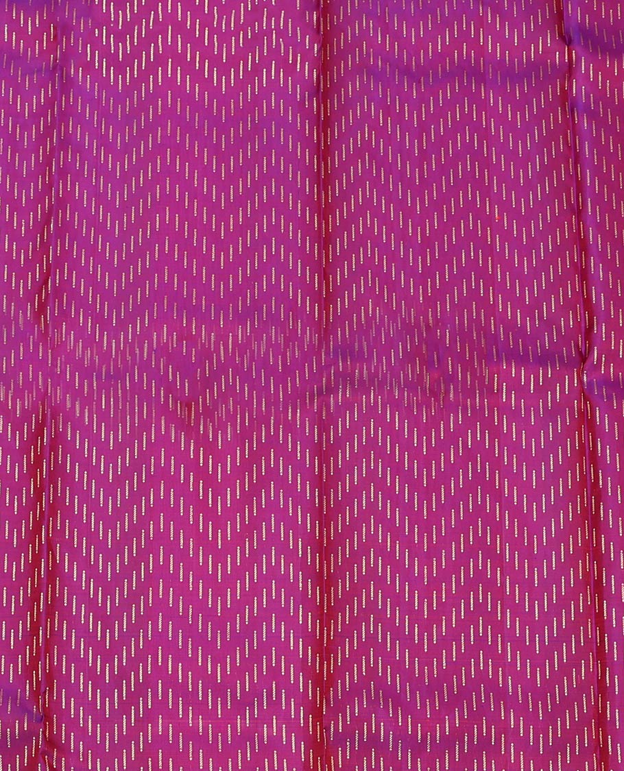 Purple Pure Silk Half-Saree, Mesmerized with Zari Buttas on Its Skirt, Complemented by a Contrast Border Featuring Traditional Zari Designs, Comes with a Contrast Blouse and a Dhavani of Mayil-Chakram Enclosed Checks