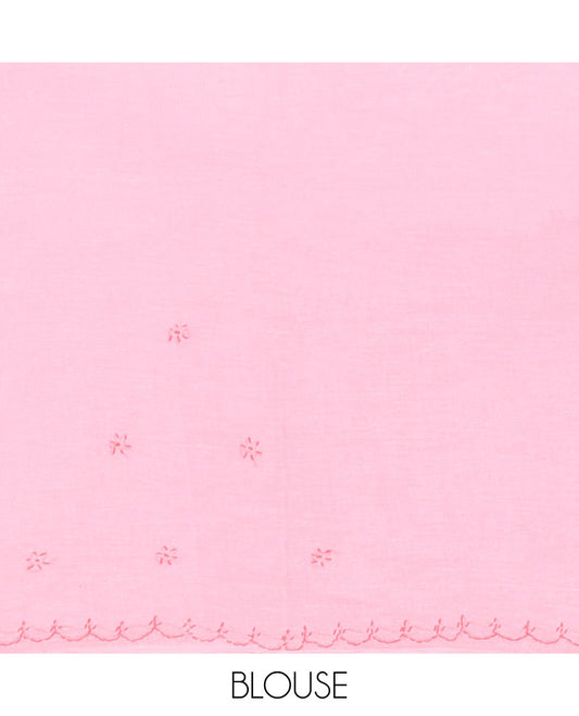 Pink floral embroidery lucknowi chikankari cotton saree,self-border & pallu of floral & paisley embroidery