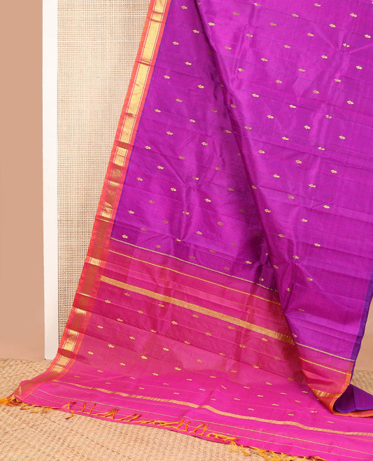 Purple floral buttas kancheepuram silk saree with contrast border of zari design border & floral design pallu