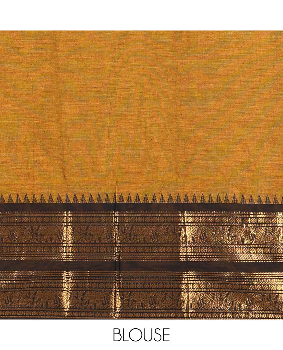 Mustard Plain Chettinad Cotton Saree, Complemented by a Contrast Rettai Pettu Temple Gold Zari Border of Coin, Elephant, and Peacock Designs, Subtly Striped Pallu, and Paired with a Matching Blouse
