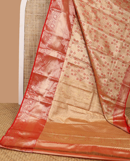 Brown floral jacquard budget silk saree with contrast zari design border & floral design pallu