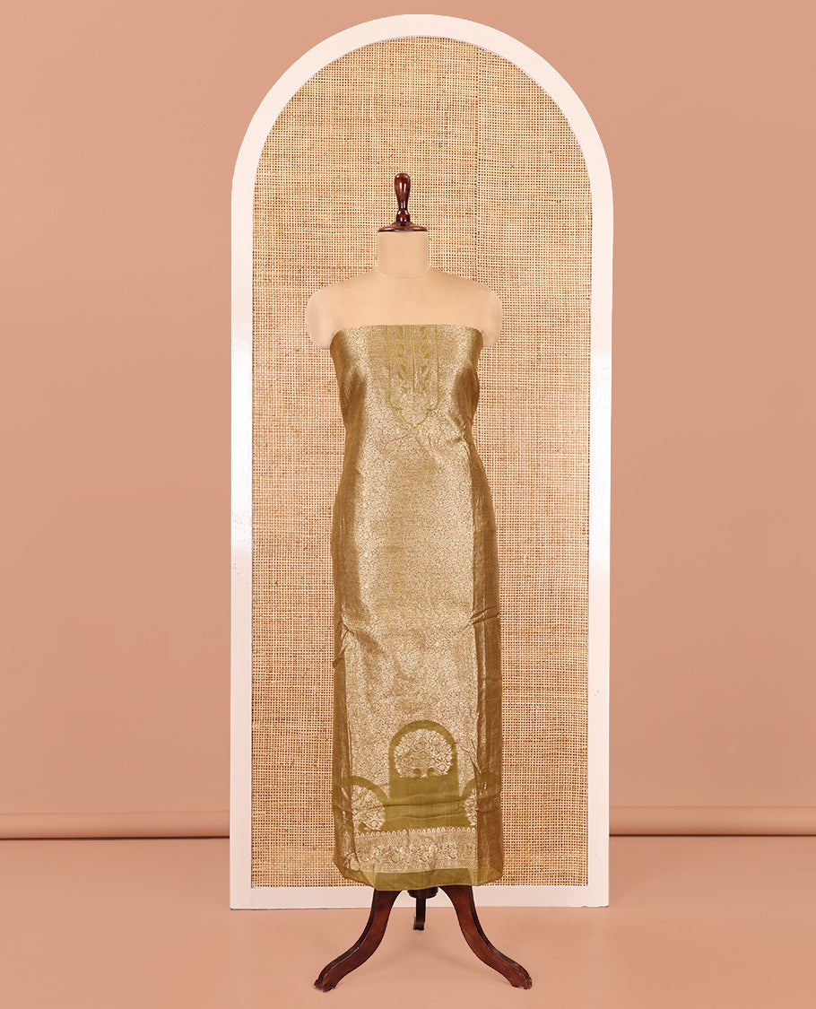 Mehendi Green Banarasi Material Chudidar Features Jacquard Top, a Matching Santoon Bottom, and an Intricately Designed Dupatta