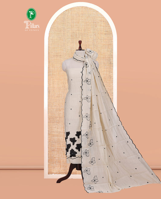 Cream Mul Chanderi Material Churidar Features Floral Thread Embroidered Top, a Matching Bottom, and an Scallop Embroidered Dupatta