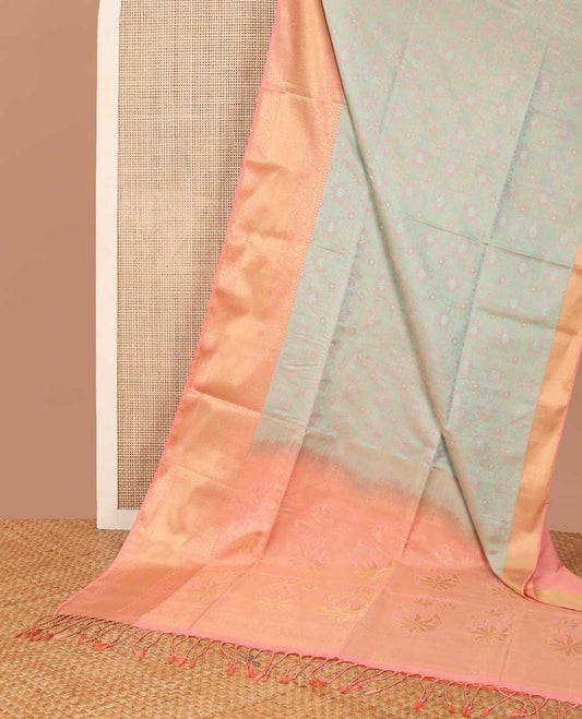 Mint green floral design soft silk saree with contrast zari design border & floral design pallu