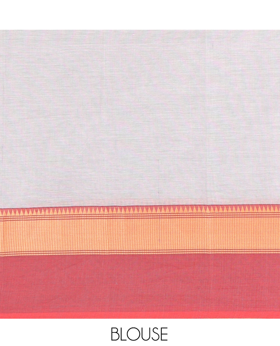 Grey Plain Chettinad Cotton Saree, Complemented by a Contrast Kal Eragina Traditional Temple Border, Subtly Striped Pallu, and Paired with a Matching Blouse