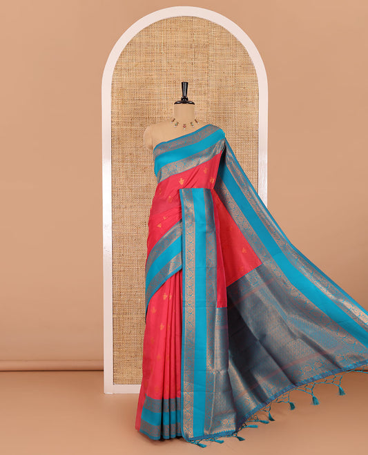 Pink copper zari buttas elite soft silk saree , contrast zari weaving border , contrast brocade rich pallu with tussels , and  contrast brocade blouse