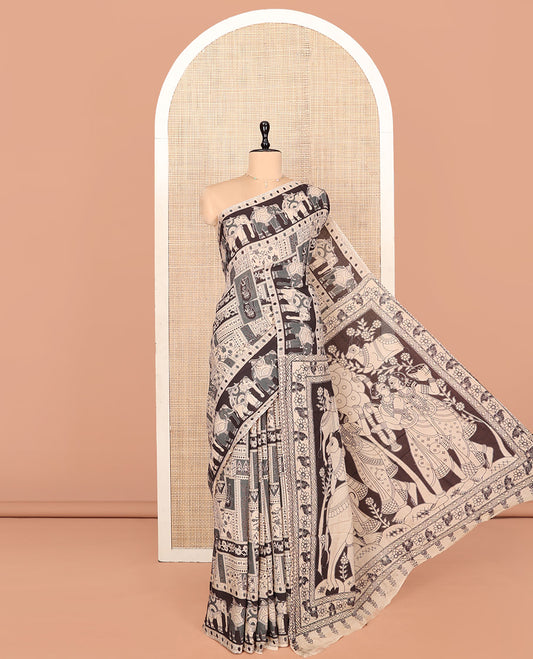 Sandal-Black Machine-Printed Kalamkari Cotton Saree Features Unique Motifs, an Elephant-Printed Border, a Pallu of Lord Krishna Motifs, and a Matching Blouse