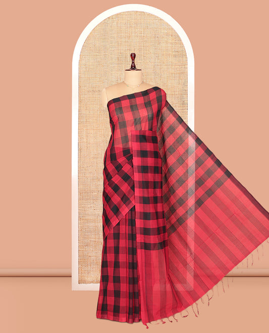 Borderless Red-Black Mangalagiri Cotton Saree