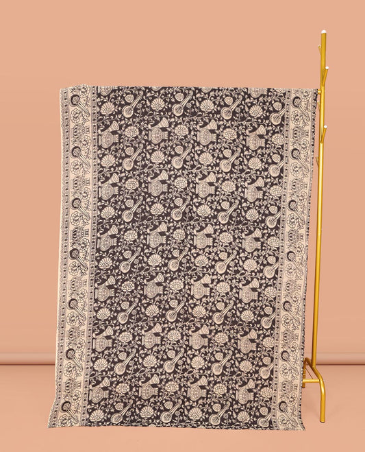 Black Machine-Printed Kalamkari Cotton Saree, Adorned with Floral and Floral Vase on Its Body, Subtly Printed Border, Pallu of Peacock Print, and Paired with a Printed Blouse