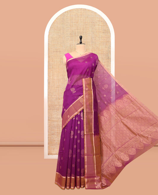 Pink Silk Cotton Saree, Graced with Zari Buttas, a Contrast Zari Motif Border, Grand Pallu, and a Contrast Blouse