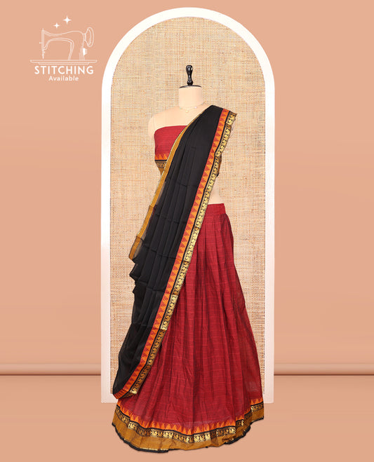 Maroon Cotton Half-Saree Features Checked Skirt, a Contrast Traditional Rettai Pettu Border, a Matching Blouse, and a Contrast Dhavani