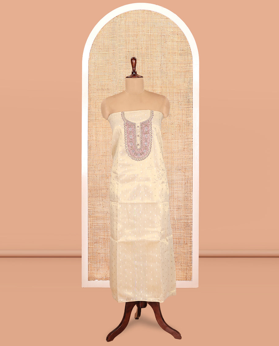 Cream-Pink Banarasi Tissue Material Churidar, Embroidery Top, Contrast Bottom, Embroidery Dupatta