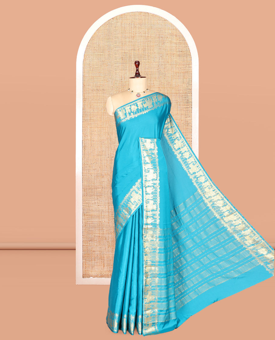Rama Blue Plain Semi-Mysore Saree, Zari Wedding-Themed Border, Zari Striped Pallu, Matching Blouse