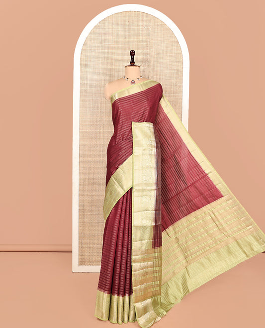 Maroon Semi-Banarasi Dupion Saree, Detailed with Stripes, a Contrast Floral Creeper Zari Border, Striped Pallu, and a Contrast Blouse