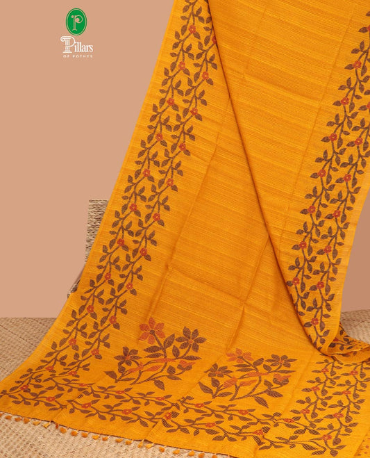 Yellow floral printed semi-green silk saree with self-border