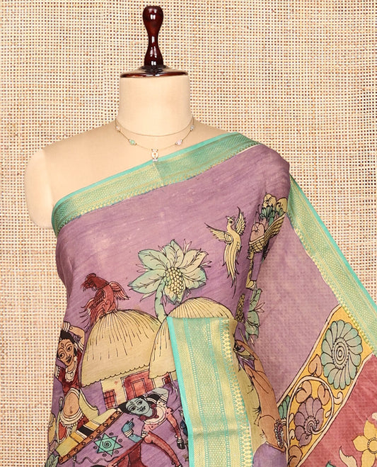 Purple Kalamkari Silk Saree, Finely Crafted with Human Figurines, a Contrast Traditional Zari Border, Pallu of Kalamkari Design, and a Contrast Blouse