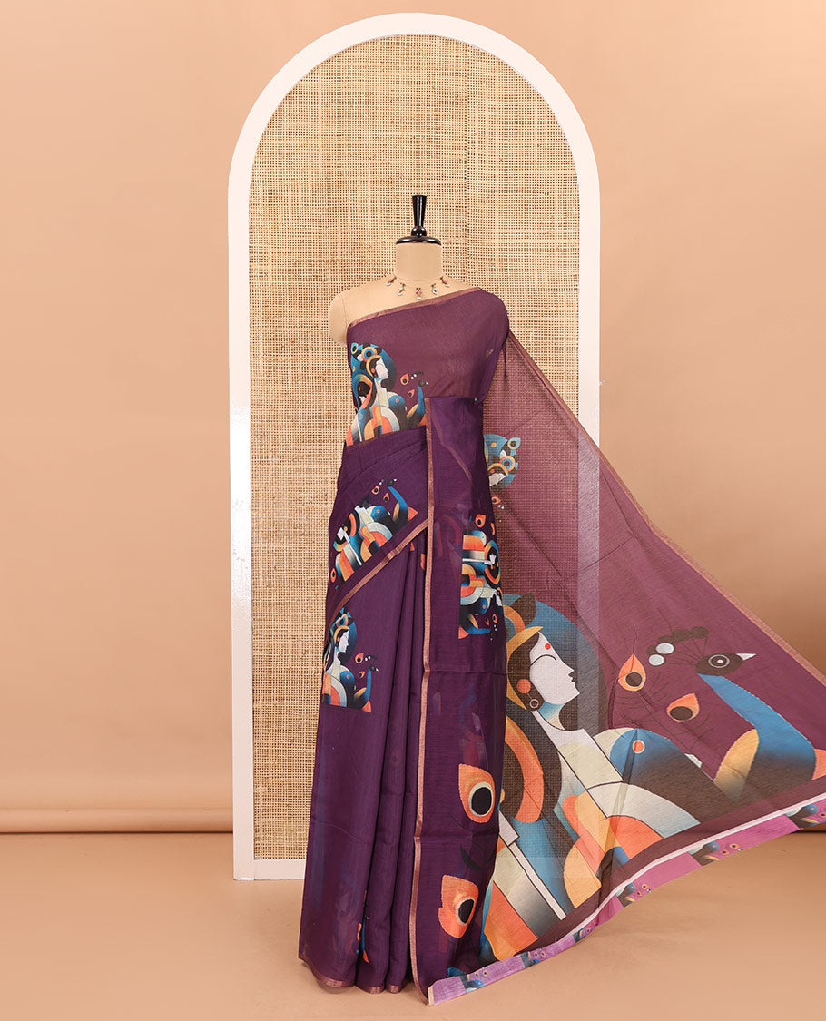 Borderless purple modern art style Radha Krishna motifs printed chanderi cotton saree, big Radha Krishna motifs printed pallu and a contrast printed blouse