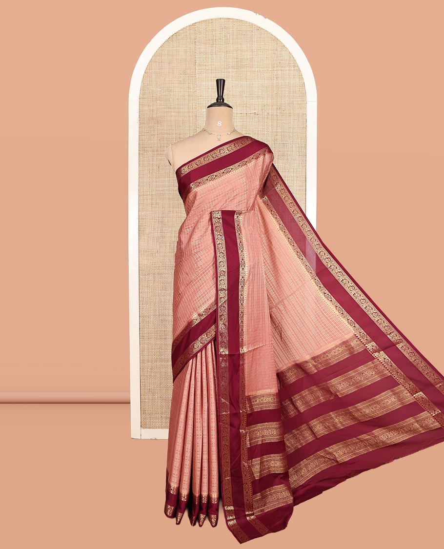 Onion Pink Fancy Mysore Silk Saree Features Checks, Contrast Traditional Double-Pet Border, Rich Pallu, Contrast Blouse