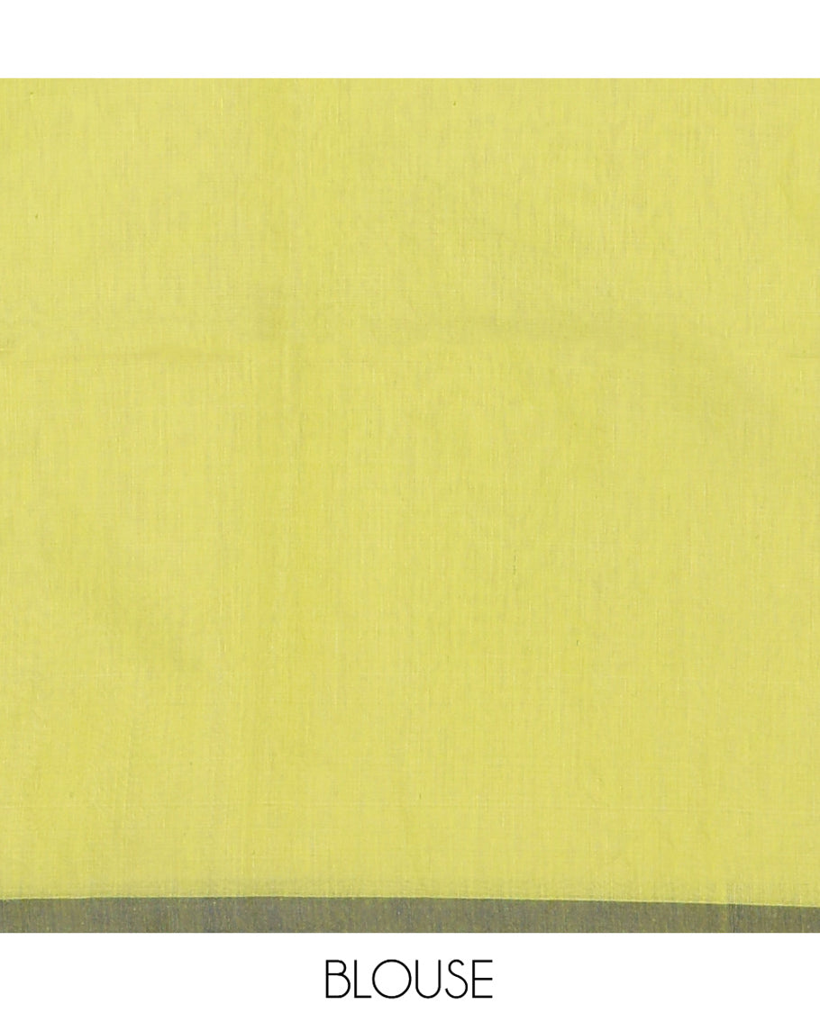 Parrot Green Plain Khadi Mul Cotton Saree, a Contrast Satin Border, Striped Pallu, and a Plain Blouse