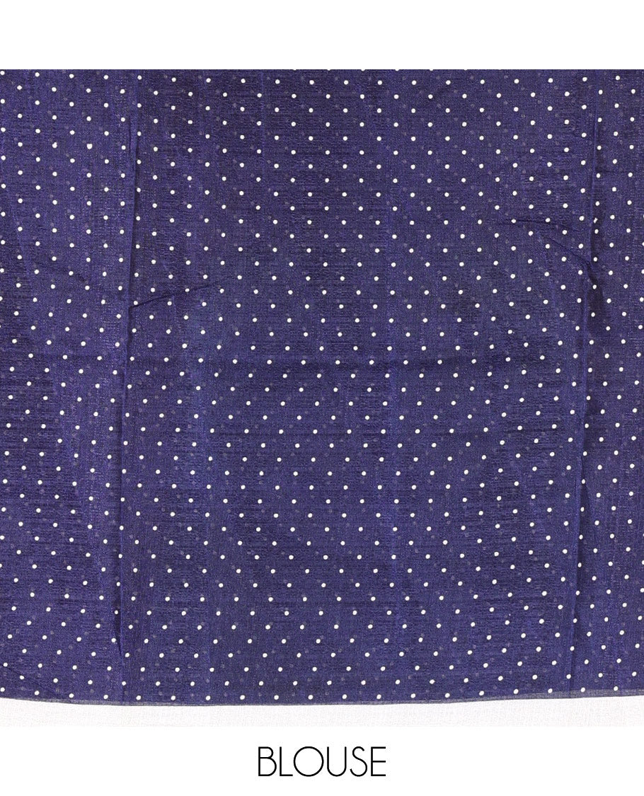 Borderless cream-navy blue polka dots printed art khadi cotton saree, pallu of big and small coin-size polka dots print, and a small dots printed blouse