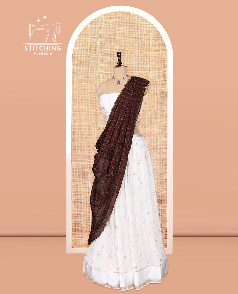 Cream-Brown Viscose Georgette Half-Saree, Buttas Skirt, Matching Blouse, Contrast Checked Dhavani