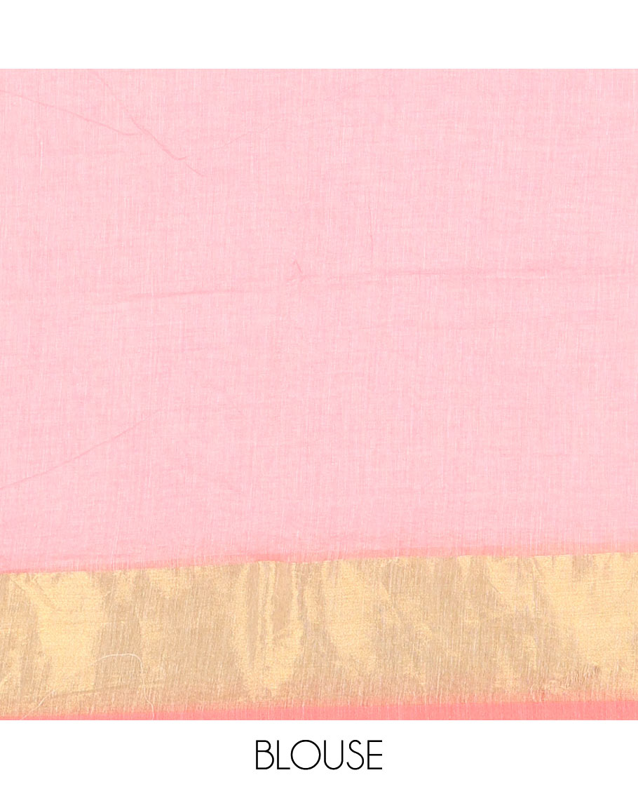 Cream and Pink Plain Khadi Mul Cotton Saree Features a Gleaming Zari Bavanji Border, and a Contrast Pink Plain Blouse