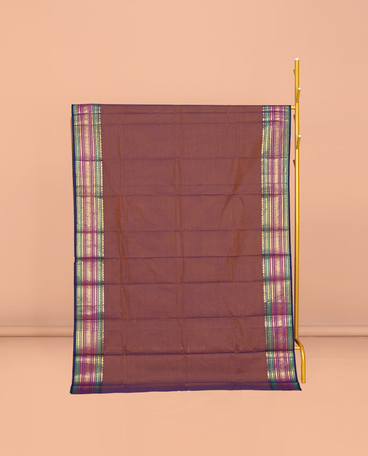 Brown Plain Chettinad Cotton Saree, Complemented by a Contrast Traditional Zari Design Border, Pallu of Stripes, and Paired with a Matching Blouse