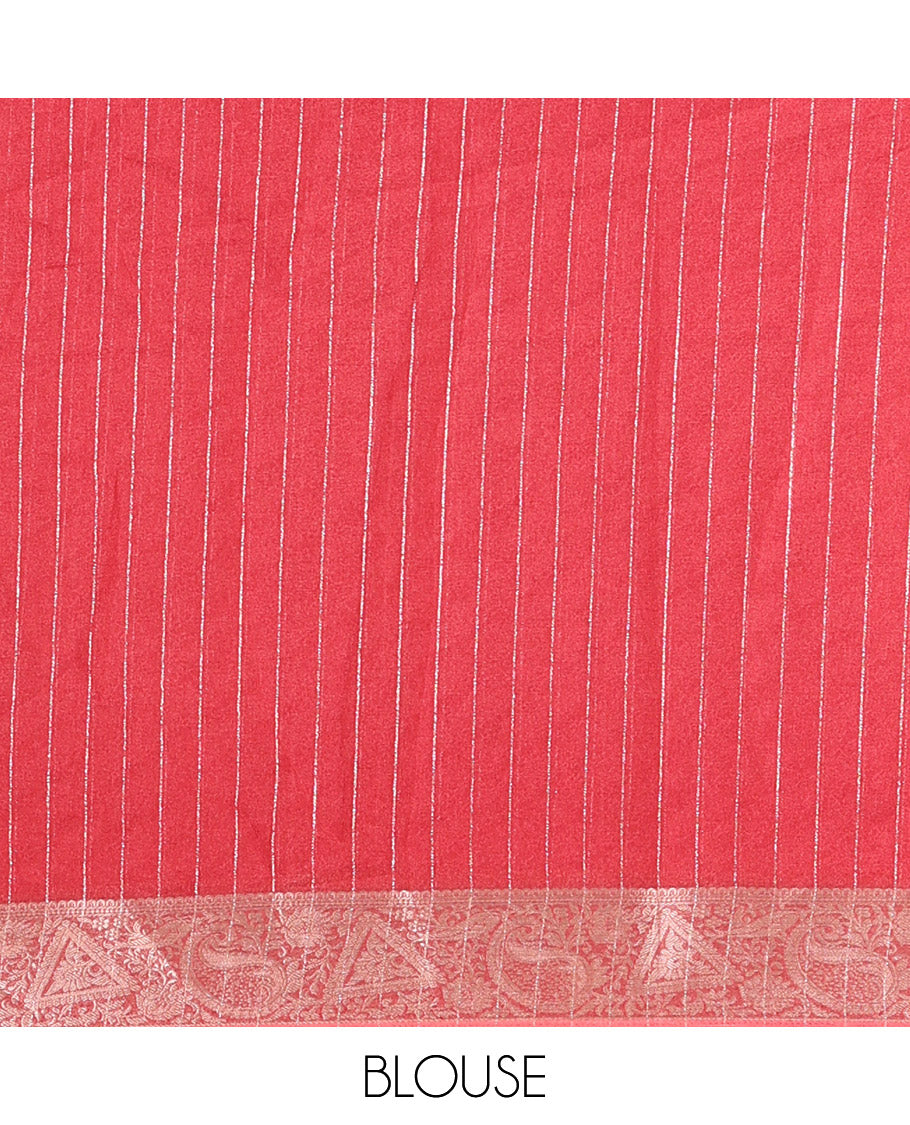 Dusky Pink Moss Chiffon Saree, Gleamed Up with Vertical Zari Stripes All Over Its Body, Highlighted by a Zari Border of Paisleys and Diamond Designs, a Self-Pallu, and Paired with a Matching Blouse