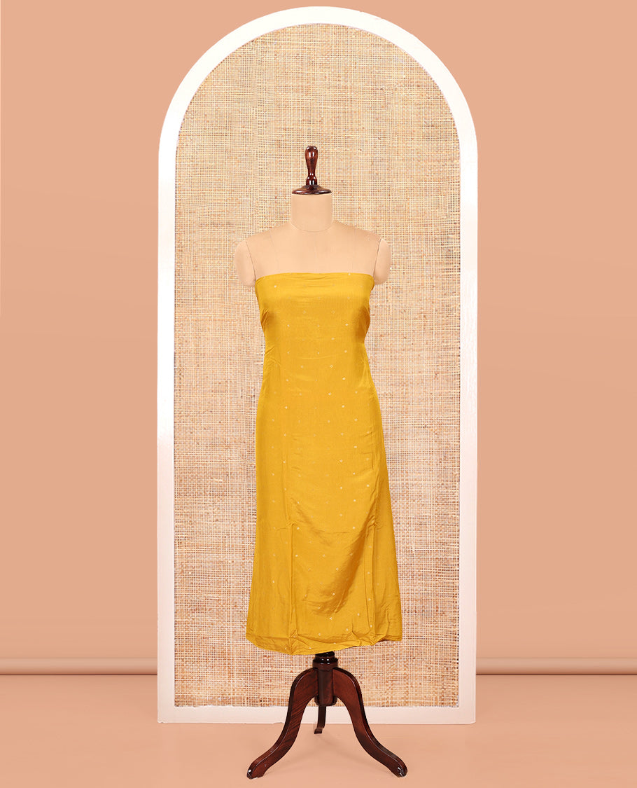 Yellow Mul Chanderi Material Chudidar Set, Subtly Sparkled with Buttas Top, a Matching Bottom, and a Circle Motif Woven Dupatta