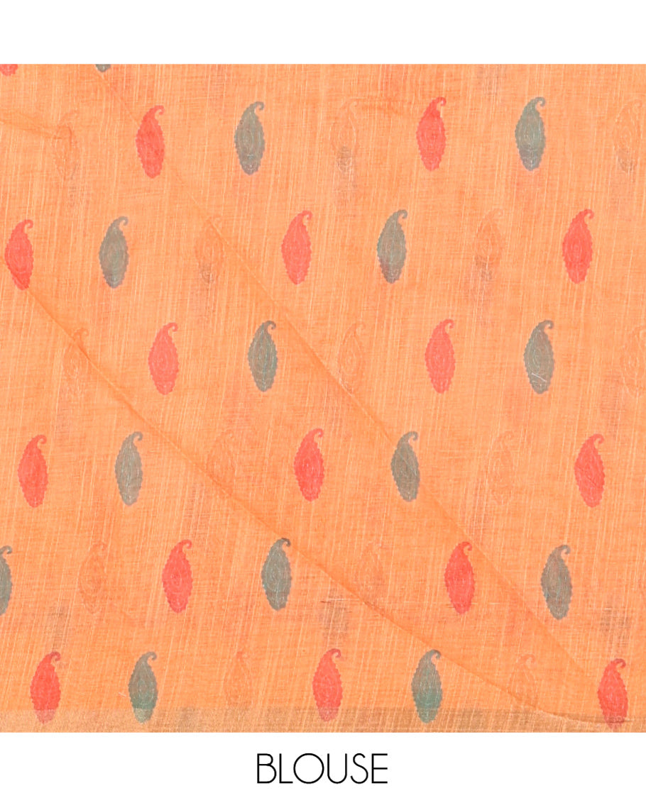 Orange Linen Cotton Saree Features Floral Vine Print, a Contrast Border, Paisley-Printed Pallu, and a Contrast Blouse