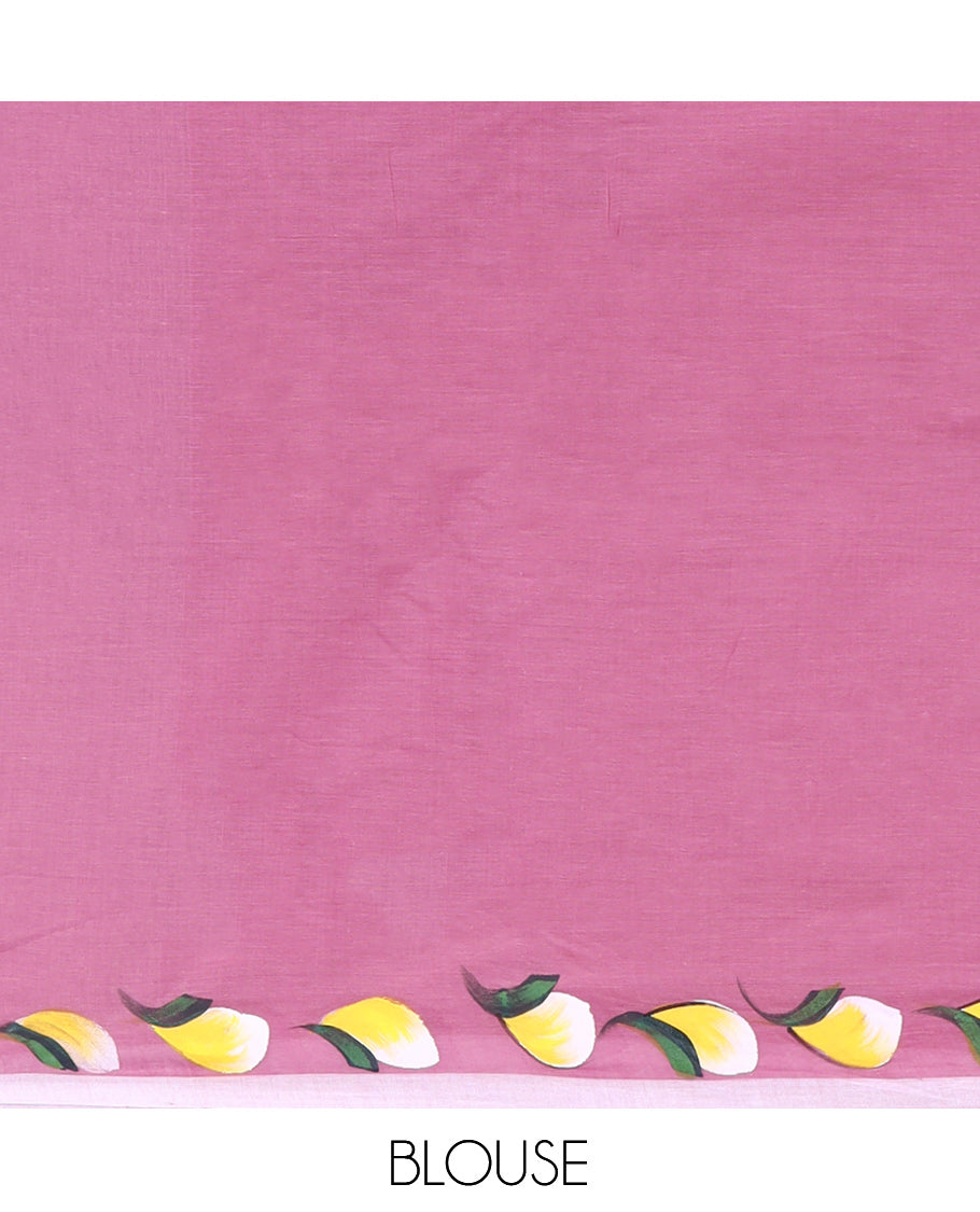 Borderless Onion Pink Khadi Mul Cotton Saree Features Floral Hand-Brush Painting, and a Matching Blouse
