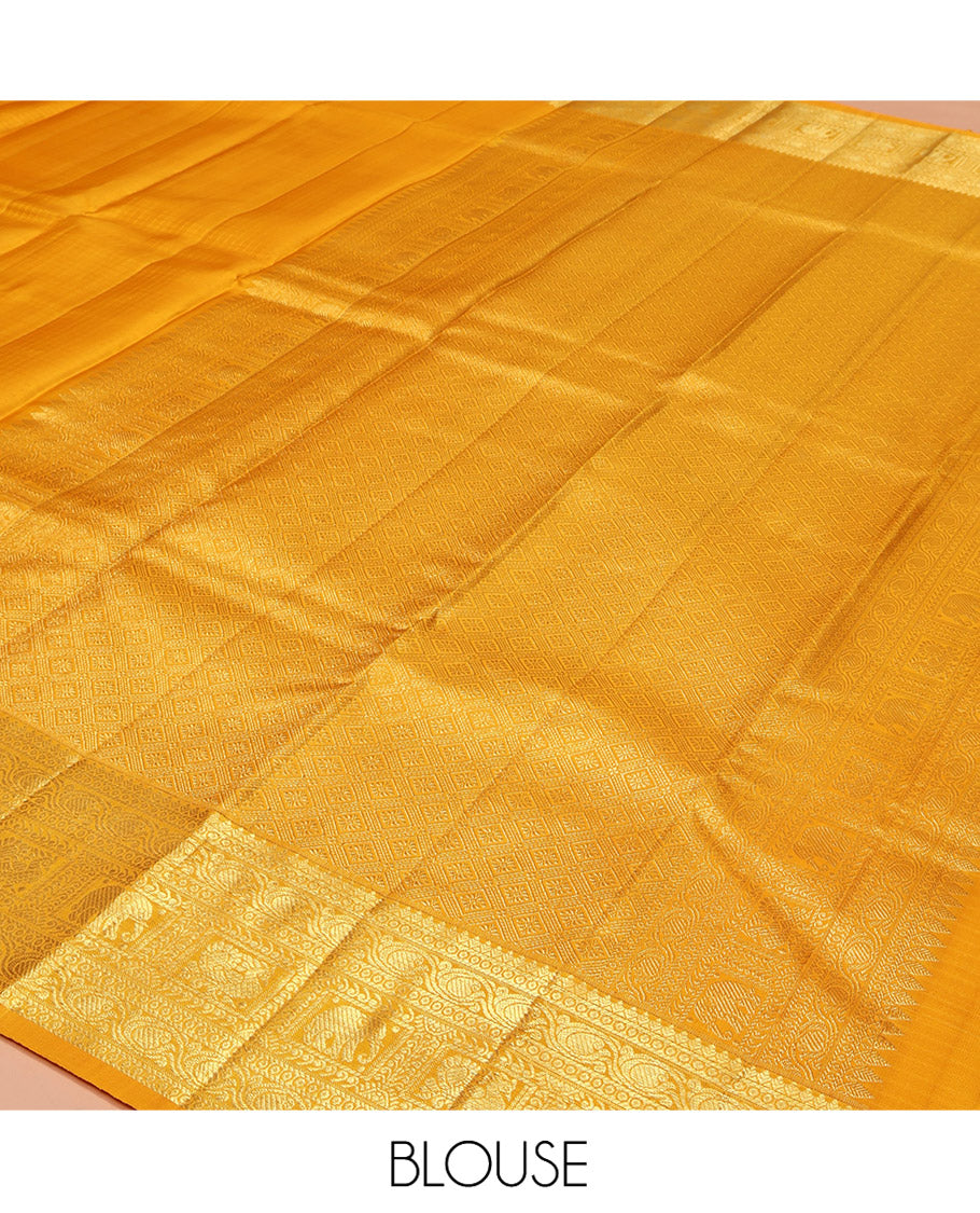 Yellow Kanchipuram Silk Saree, Sparsely Woven with Checked Design All Over Its Body, Highlighted by a Zari Border of Manga, Yaanai, and Mayil Designs, Pallu of Jaal Designs, and Paired with a Matching Blouse