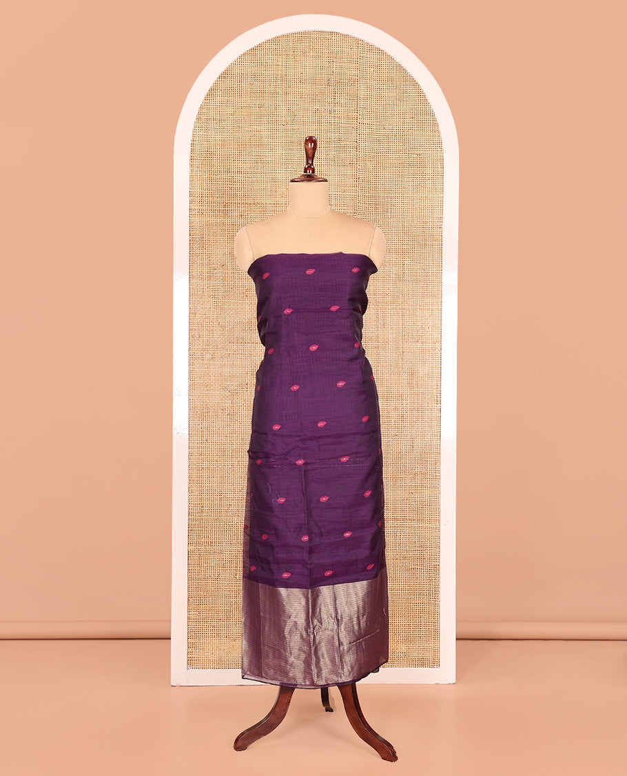 Magenta Semi-Linen Material Churidar, Delicately Woven with Thread Buttas Skirt, a Plain Bottom, and a Thread Buttas Dupatta